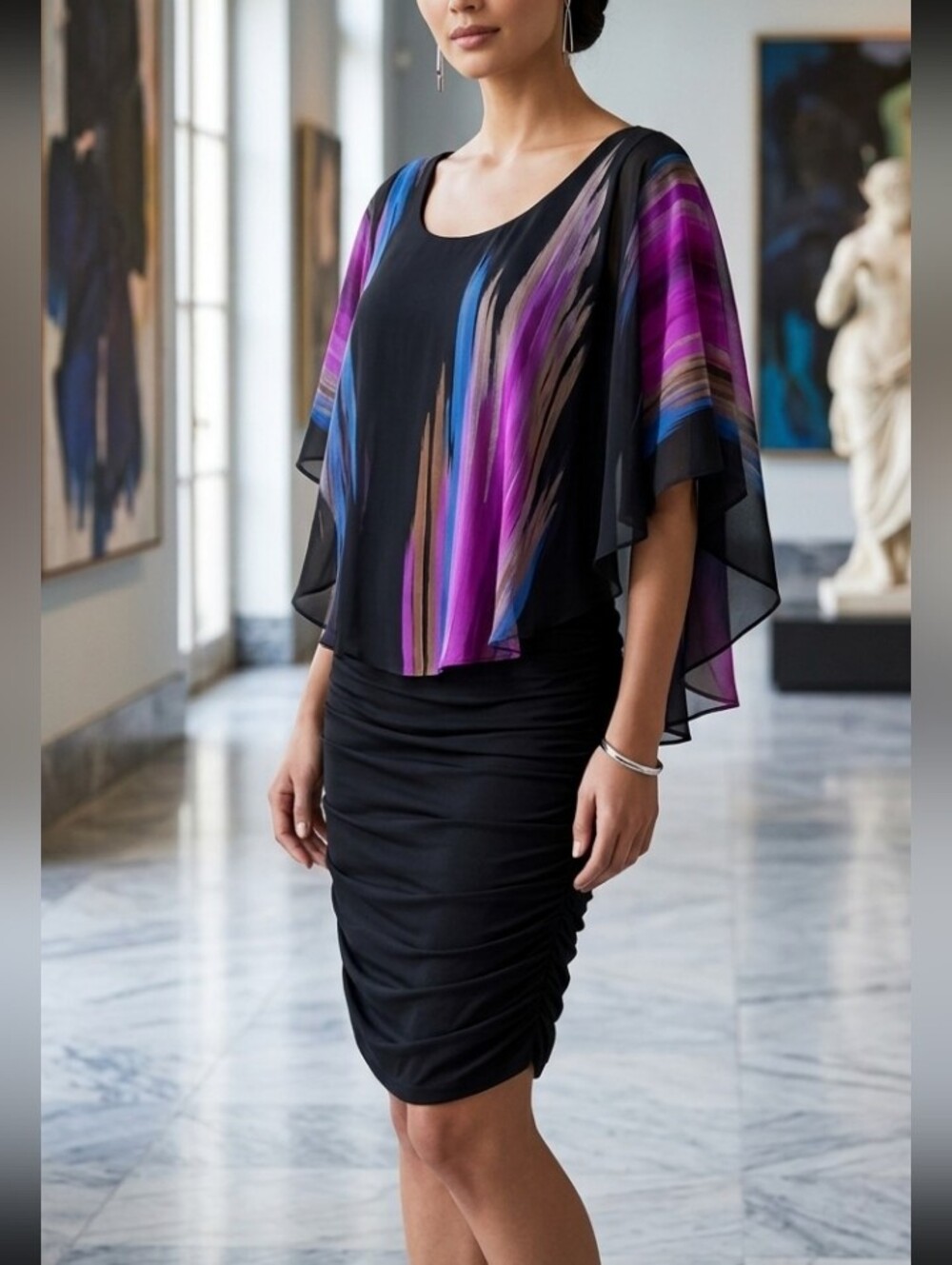 Le Château Ruched Dress with Watercolor Overlay – Size Small Ptp 16-18" L 37"
